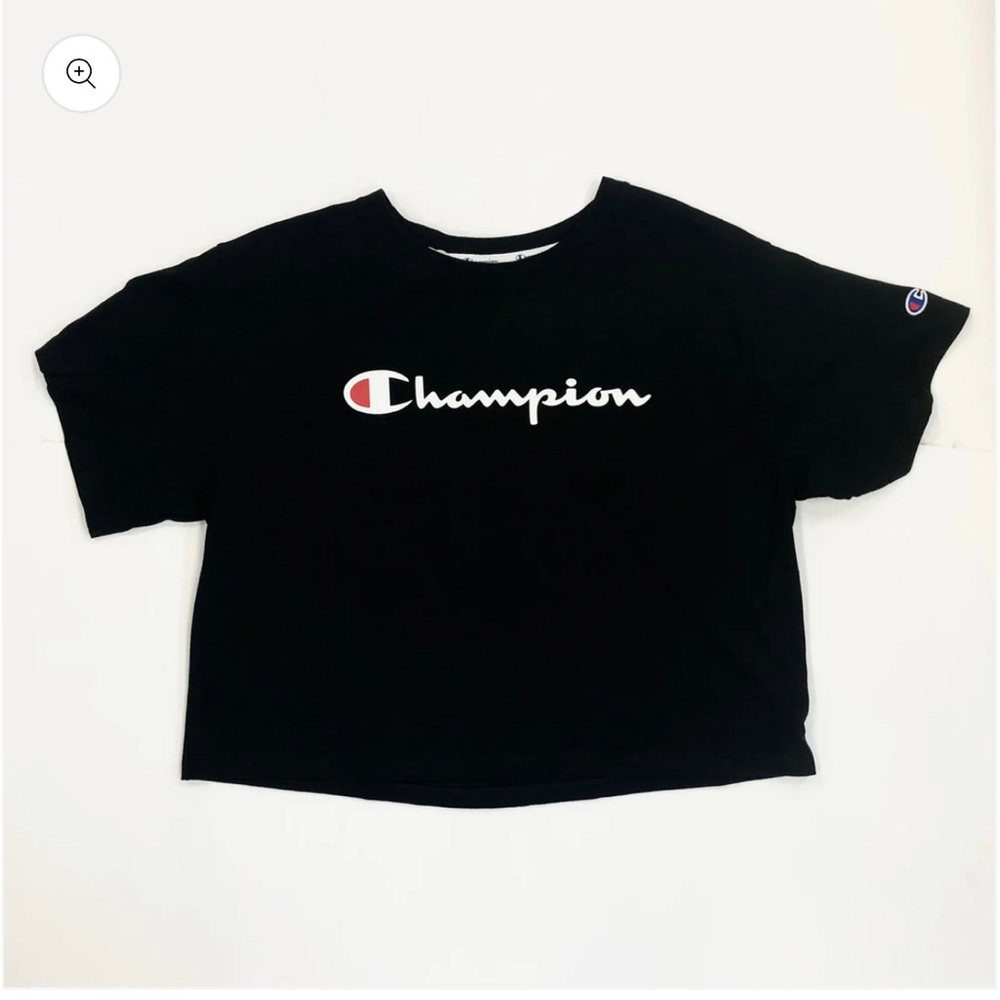 Champion Black Cropped T shirt Crewneck Tee Embroidered